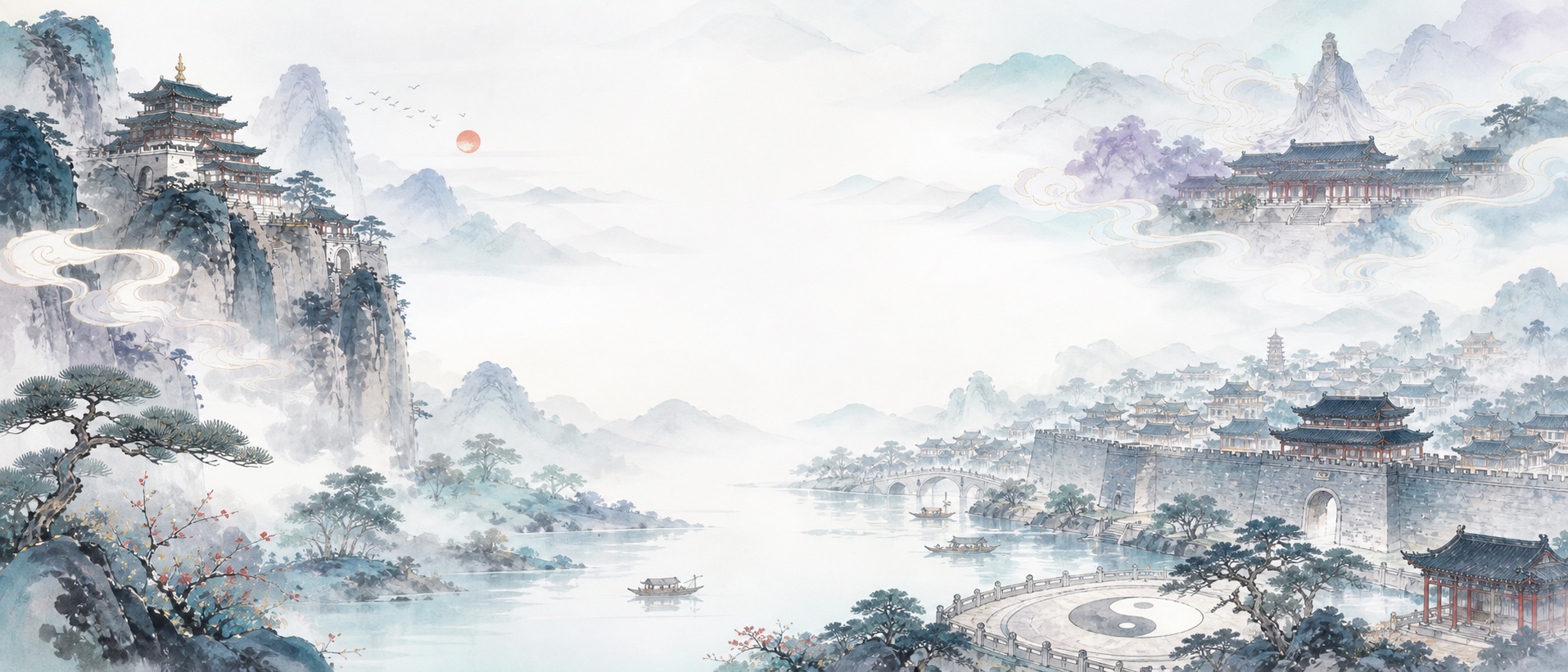邯郸古城与楼阁的水墨山水